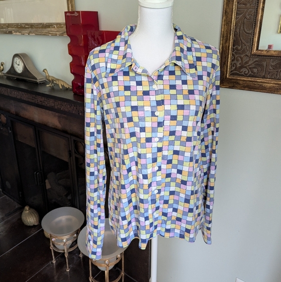 Retro 70s Look NY & Co Psychedelic Pastel Squares Button Up Blouse Womens XL 38 - Picture 1 of 8